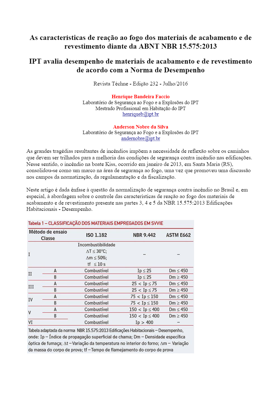 As Características de Reação ao Fogo dos Materiais de Acabamento e de Revestimento Diante da ABNT NBR 15.575:2013