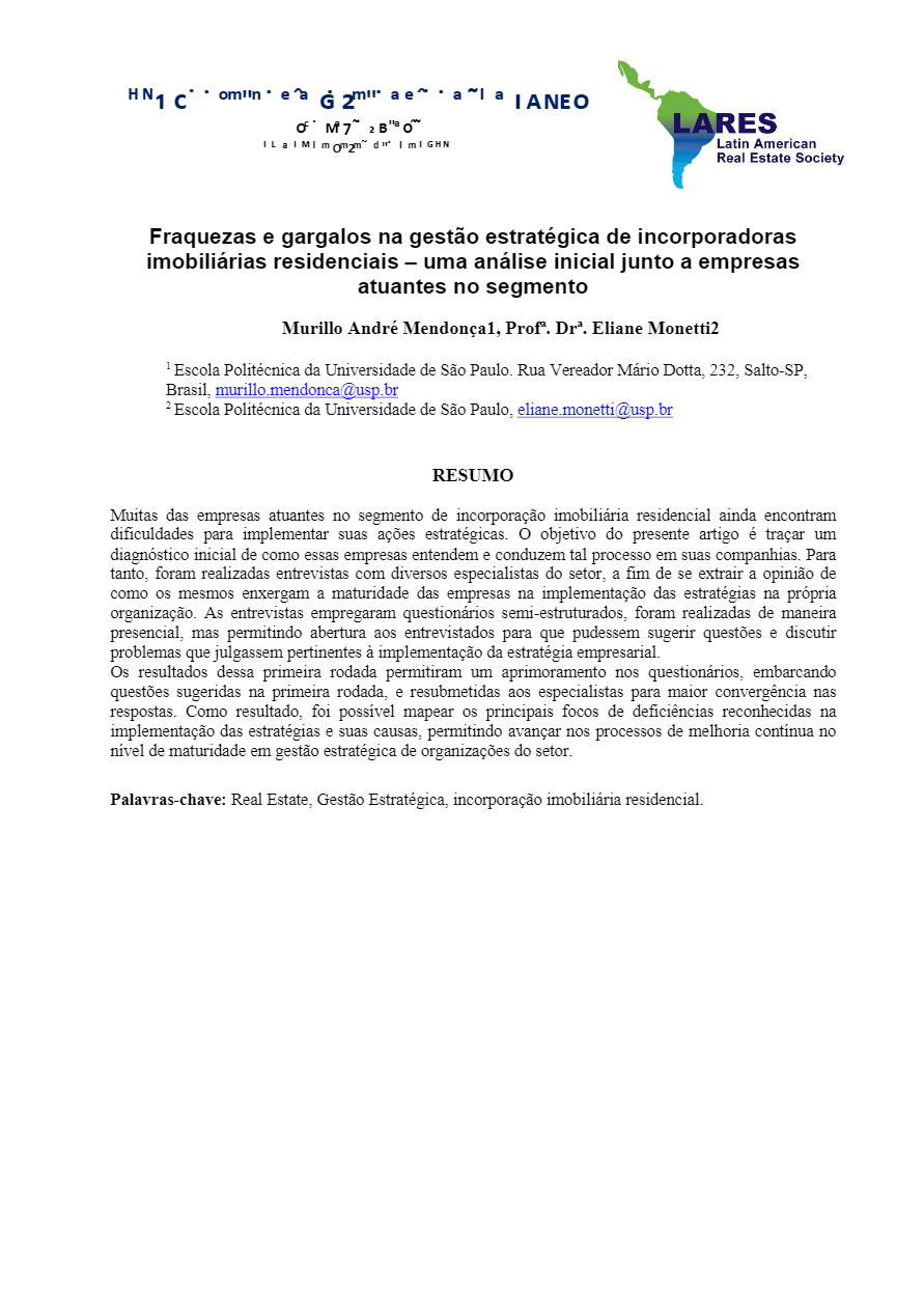 Fraquezas e Gargalos na Gestão Estratégica de Incorporadoras Imobiliárias Residenciais – Uma Análise Inicial junto a Empresas Atuantes no Seguimento