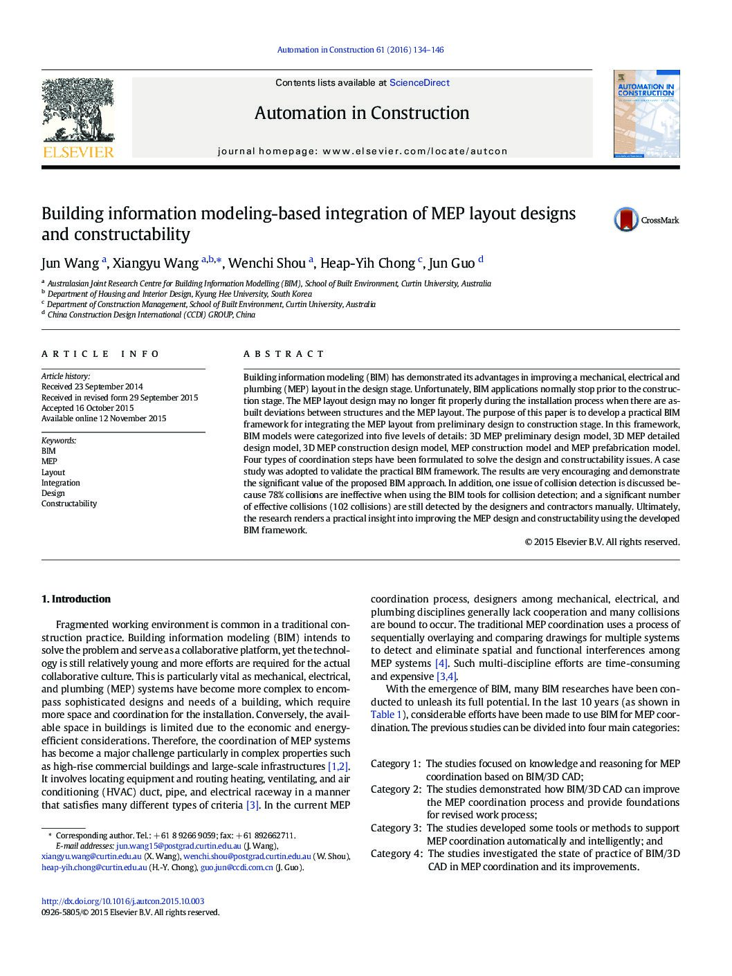 Building Information Modeling-Based Integration of MEP Layout Designs and Constructability