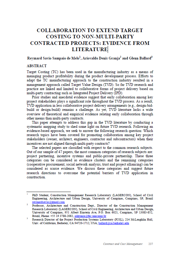 Collaboration To Extend Target Costing To Non-multi-party Contracted Projects: Evidence From Literature