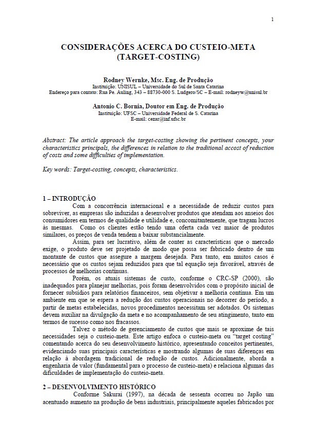 Considerações Acerca do Custeio-Meta (Target-Costing)