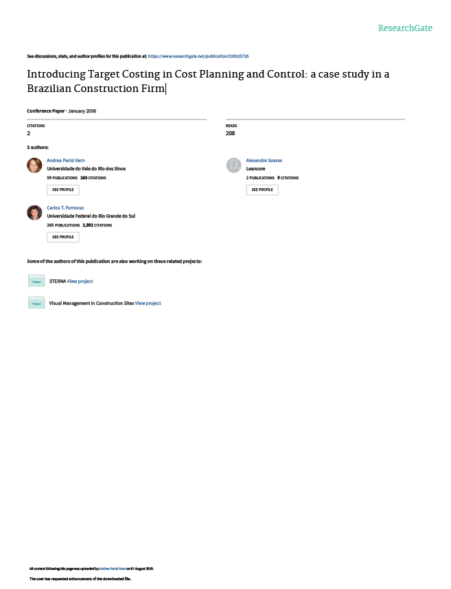 Introducing Target Costing In Cost Planning And Control: a Case Study In a Brazilian Construction Firm