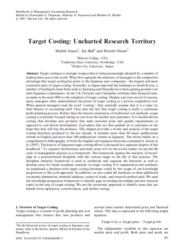 Target Costing: Uncharted Research Territory