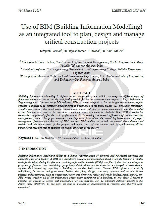 Use Of Bim (Building Information Modelling) as An Integrated Tool To Plan, Design And Manage Critical Construction Projects
