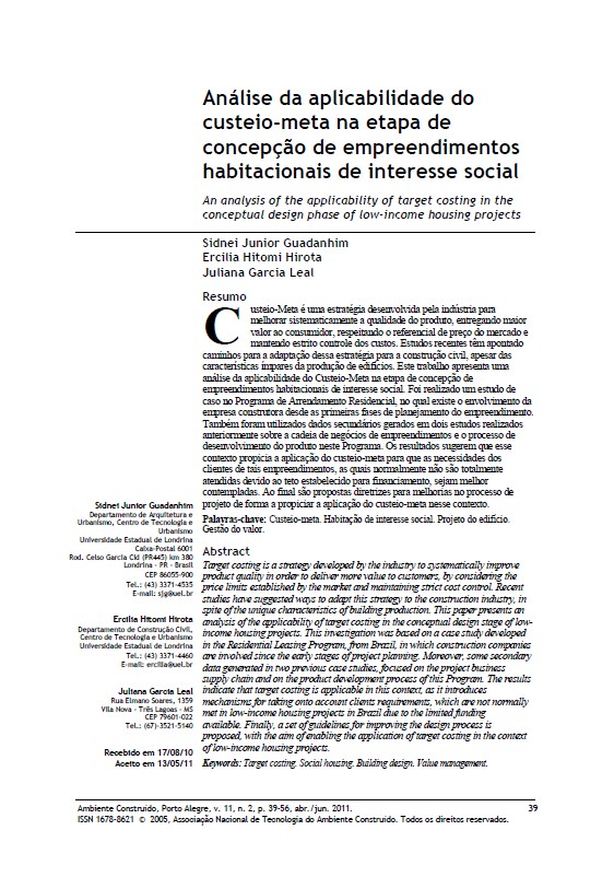 Análise da Aplicabilidade do Custeio-Meta na Etapa de Concepção de Empreendimentos Habitacionais de Interesse Social