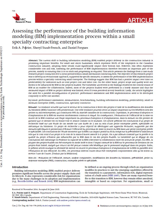 Assessing The Performance Of The Building Information Modeling (BIM) Implementation Process Within a Small Specialty Contracting Enterprise