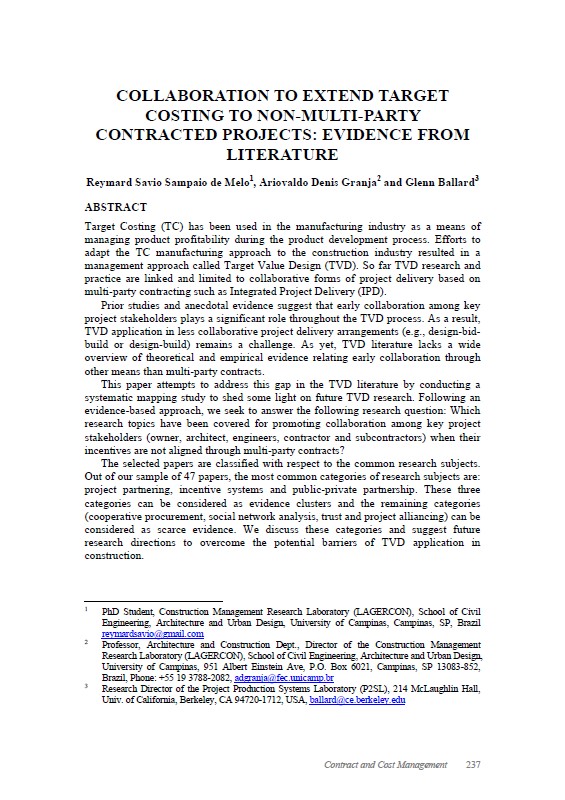 Collaboration To Extend Target Costing To Non-Multi-Party Contracted Projects: Evidence From Literature
