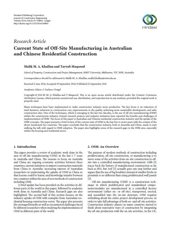 Current State Offsite Manufacturing in Australian and Chinese Residential Construction