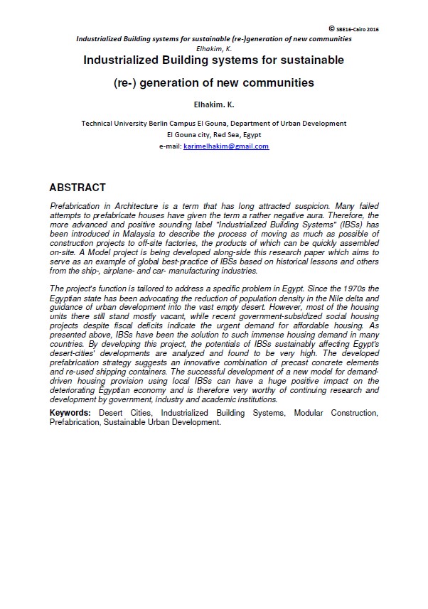 Industrialized Building Systems For Sustainable (re-) Generation Of New Communities