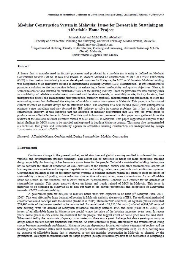 Modular Construction System in Malaysia: Issues for Research in Sustaining an Affordable Home Project