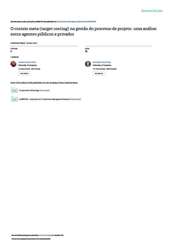 O Custeio Meta (Target Costing) na Gestão do Processo de Projeto: Uma Análise entre Agentes Públicos e Privados