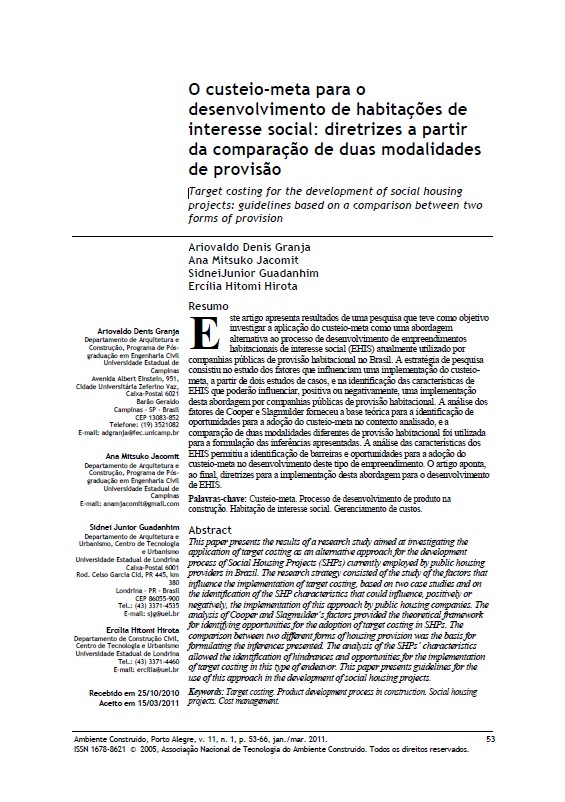 O Custeio-meta Para O Desenvolvimento De Habitações De Interesse Social: Diretrizes A Partir Da Comparação De Duas Modalidades De Provisão