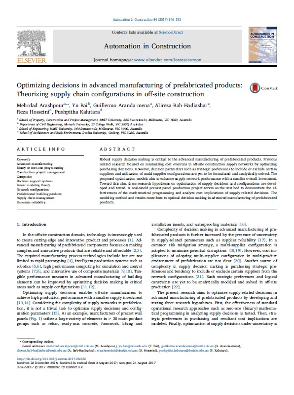 Optimizing Decisions In Advanced Manufacturing Of Prefabricated Products: Theorizing Supply Chain Configurations In Offsite Construction