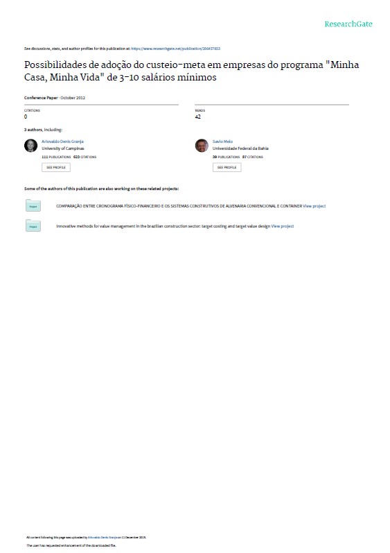 Possibilidades De Adoção Do Custeio-Meta Em Empresas Do Programa Minha Casa  Minha Vida De 3-10 Salários Mínimos