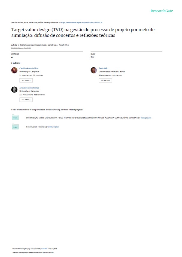 Target Value Design (TDV) Na Gestão Do Processo De Projeto Por Meio De Simulação: Difusão De Conceitos E Reflexões Teóricas