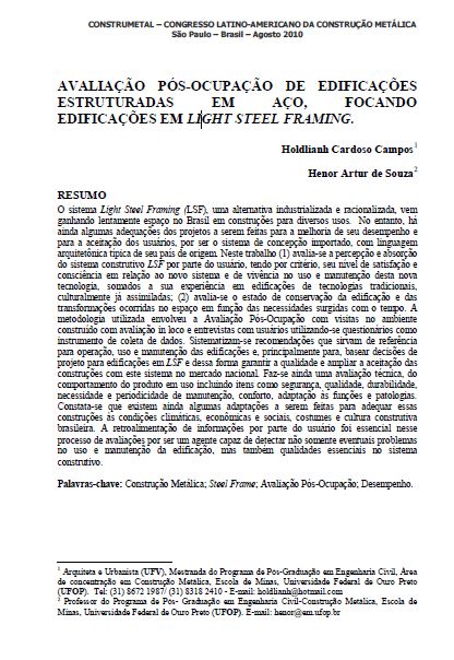 Avaliação Pós-ocupação de Edificações Estruturadas Em Aço, Focando Edificações Em Light Steel Framing