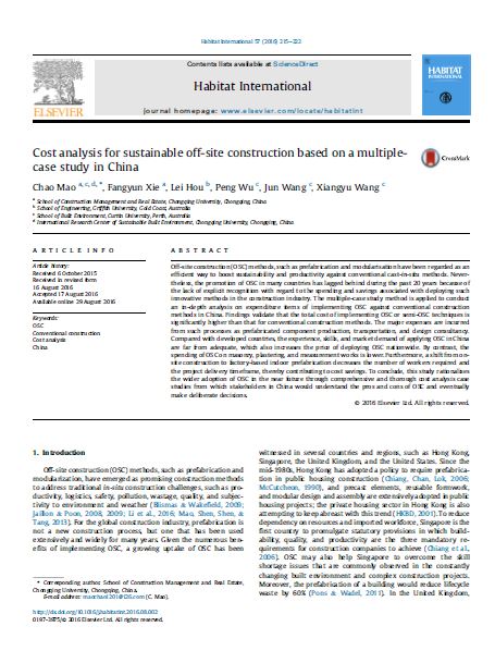 Cost Analysis For Sustainable Off-site Construction Based On a Multiplecase Study In China