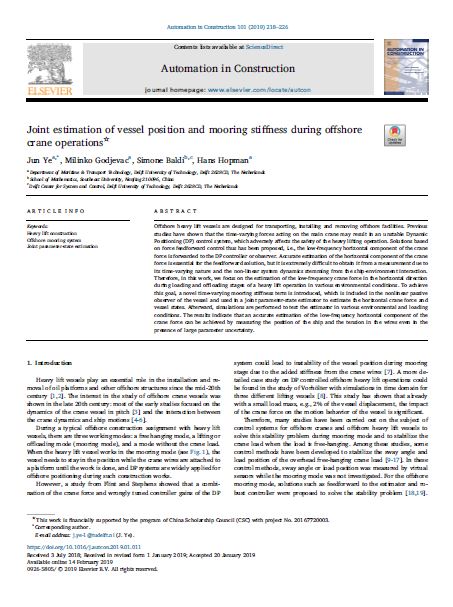 Joint Estimation Of Vessel Position And Mooring Stiffness During Offshore Crane Operations