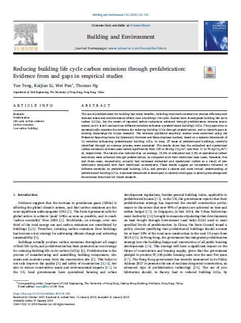 Reducing Building Life Cycle Carbon Emissions Through Prefabrication: Evidence From And Gaps In Empirical Studies