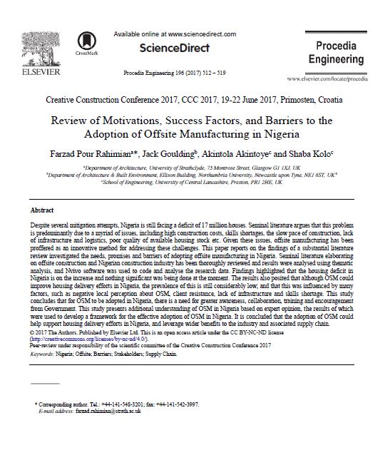 Review of Motivations, Success Factors, and Barriers to the Adoption of Offsite Manufacturing in Nigeria